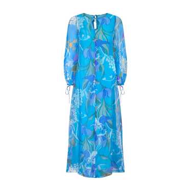 1960s Turquoise Floral Silk Organza Maxi Dress wi… - image 1