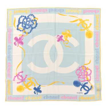 CHANEL Silk CC Pearl Clover Scarf Blue Yellow Pink - image 1