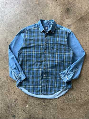 1990s Gap Plaid and Denim Colorblock Shirt