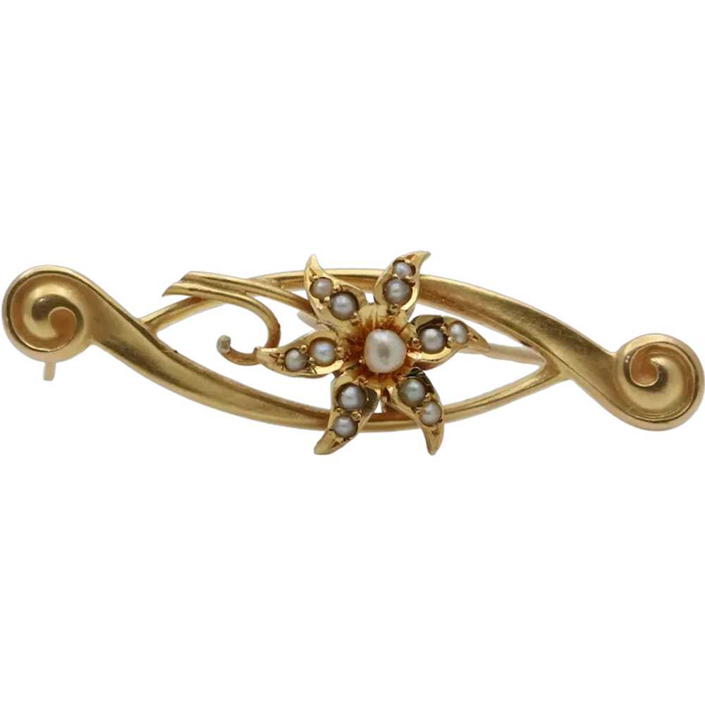 Art Nouveau 14K Yellow Gold Floral Pearl Brooch - image 1