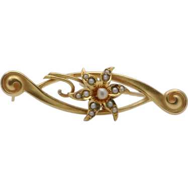 Art Nouveau 14K Yellow Gold Floral Pearl Brooch - image 1