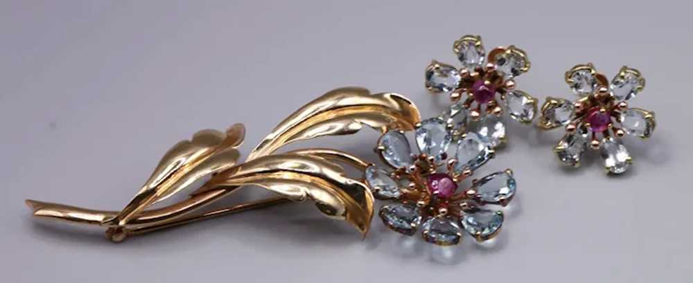 14K Gold Aquamarine and Ruby Brooch & Matching Sc… - image 2