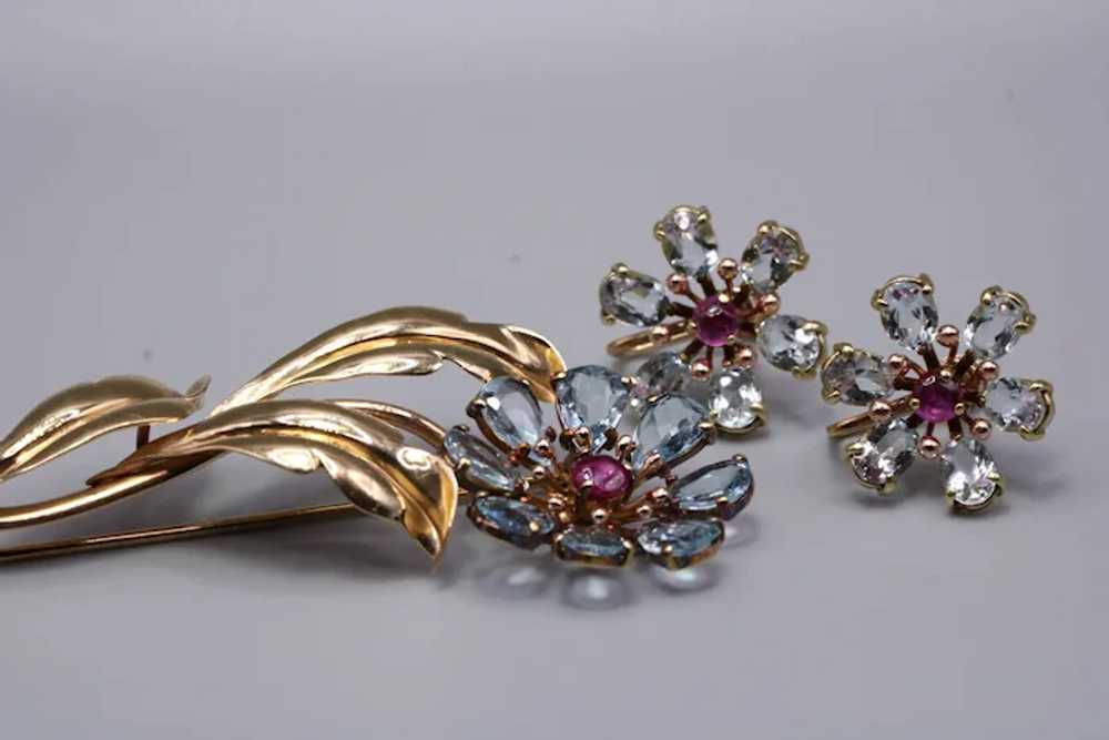 14K Gold Aquamarine and Ruby Brooch & Matching Sc… - image 4