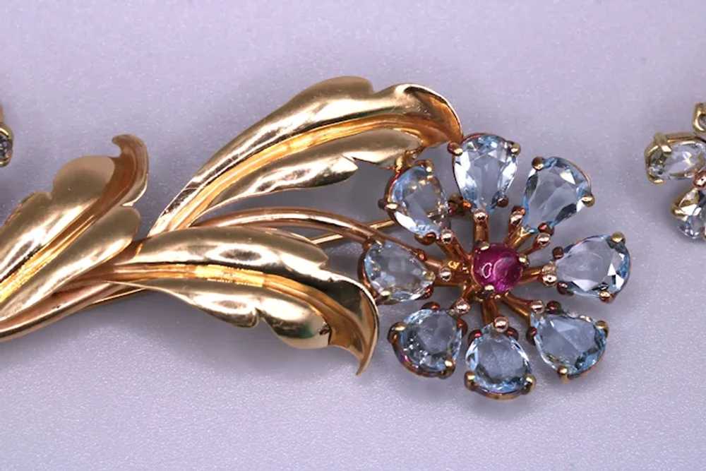 14K Gold Aquamarine and Ruby Brooch & Matching Sc… - image 5