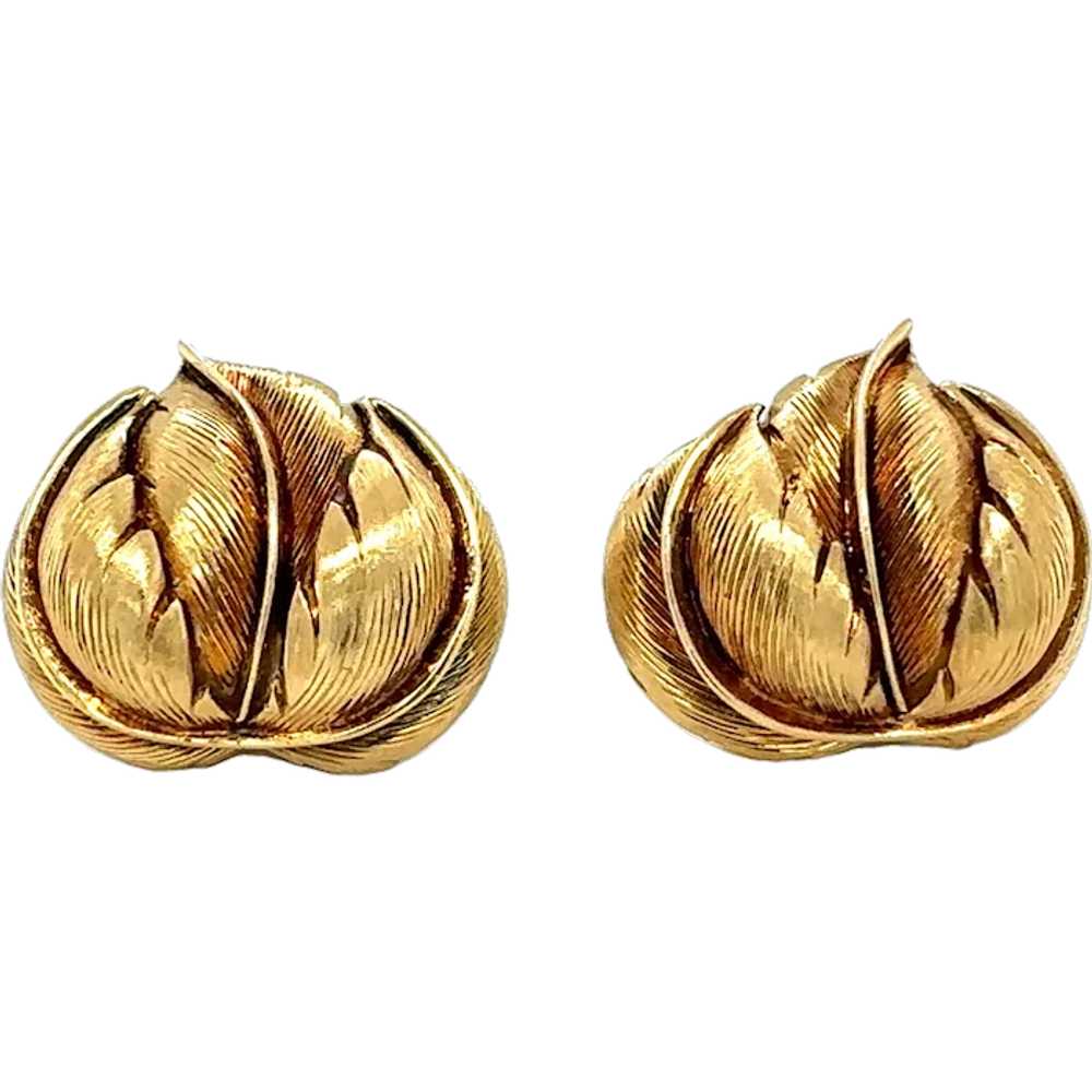 18k Yellow Gold Leaf Motif Earclips - image 1