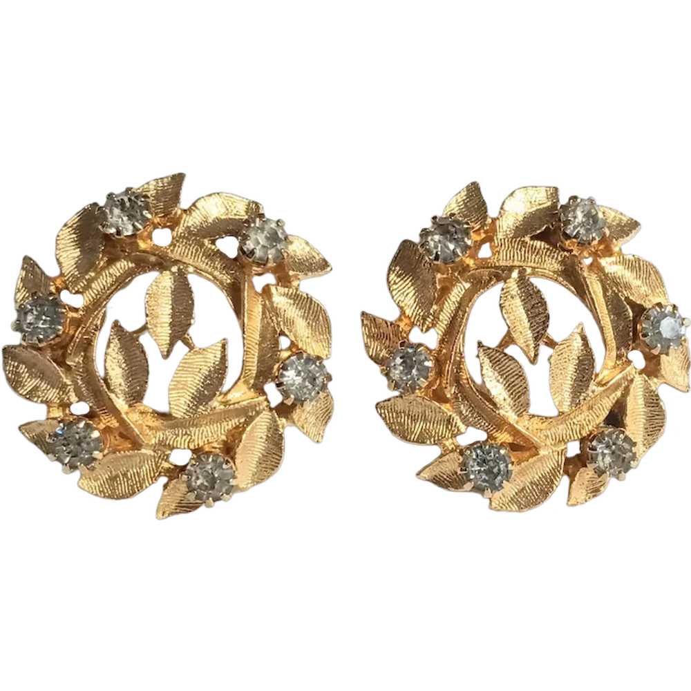 Goldette rhinestone circle wreath clip earrings g… - image 1