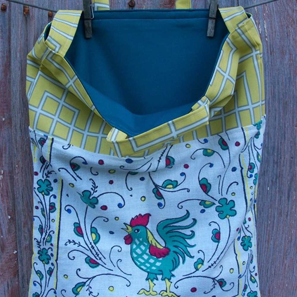 Rooster Print Vintage Towel Recycled Tote Bag - image 3