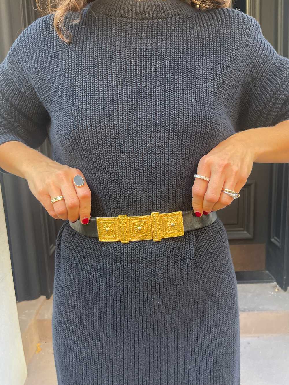 80s black leather gold buckle belt - image 1