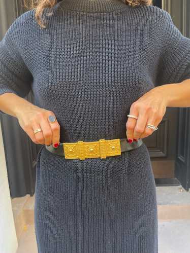 80s black leather gold buckle belt - image 1