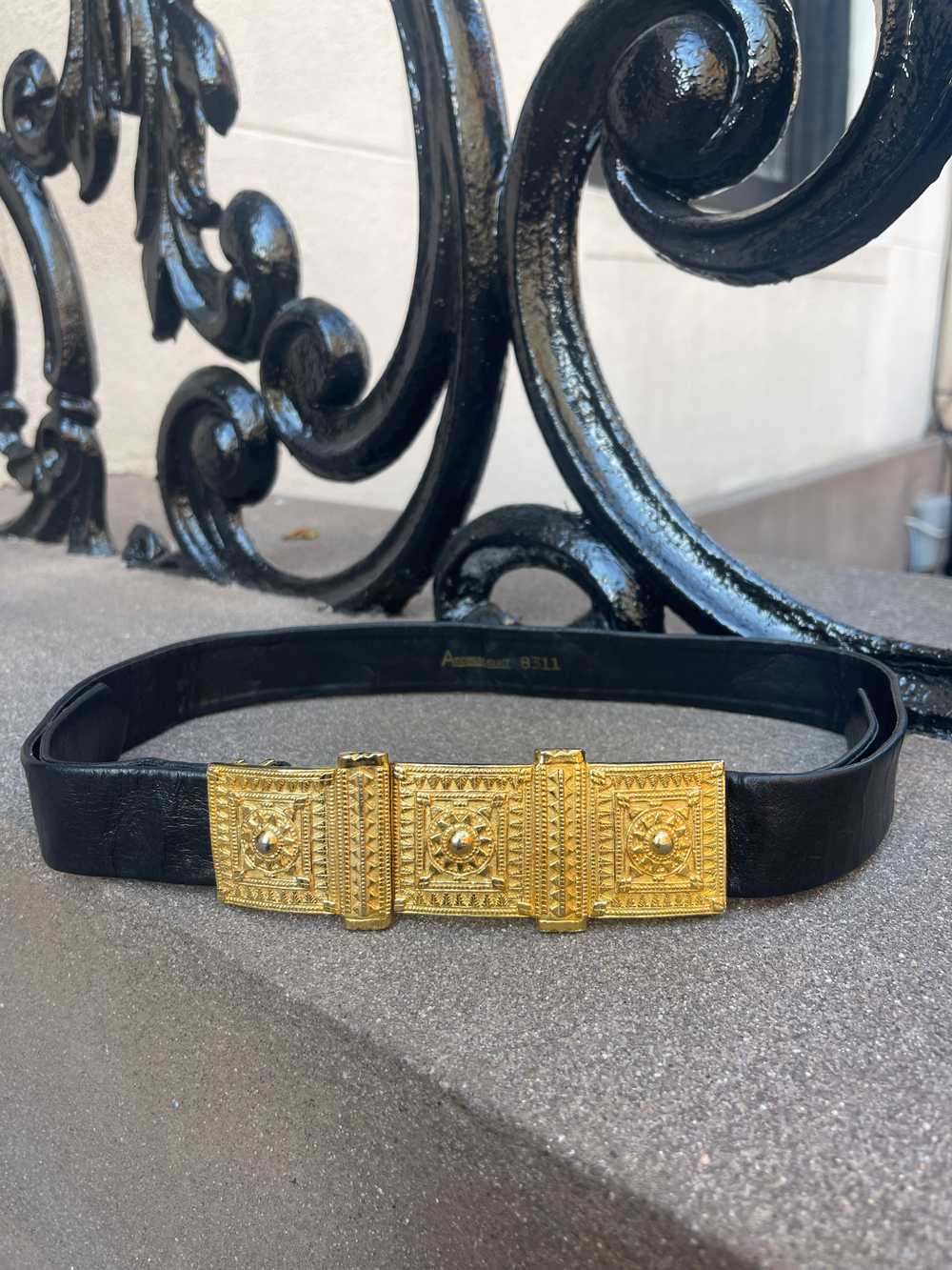 80s black leather gold buckle belt - image 2