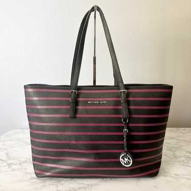 Michael Kors Black Leather Magenta Striped Shoulde