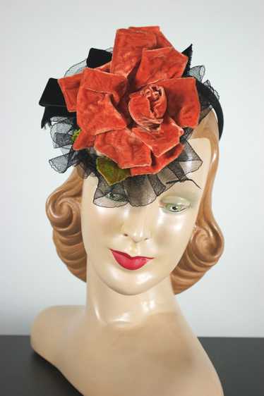 1940s tilt doll hat orange rose black ruffle felt 