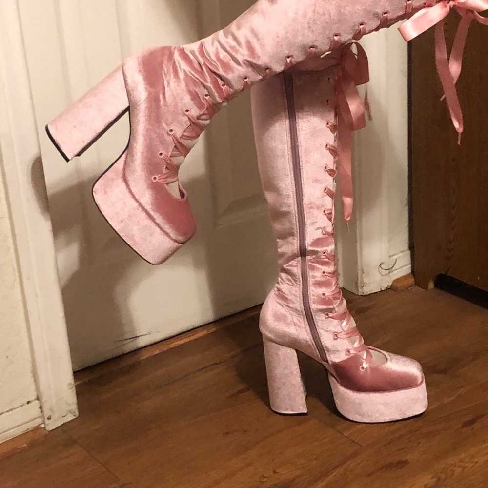 Sexy Pink Velvet Lace Up Boots Size 11 - image 1