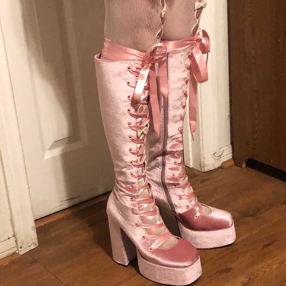 Sexy Pink Velvet Lace Up Boots Size 11 - image 2