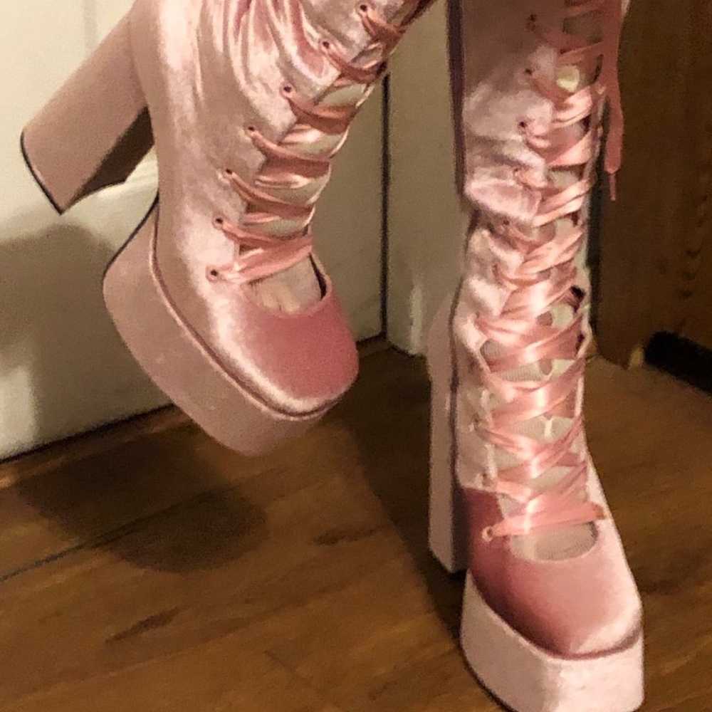 Sexy Pink Velvet Lace Up Boots Size 11 - image 6