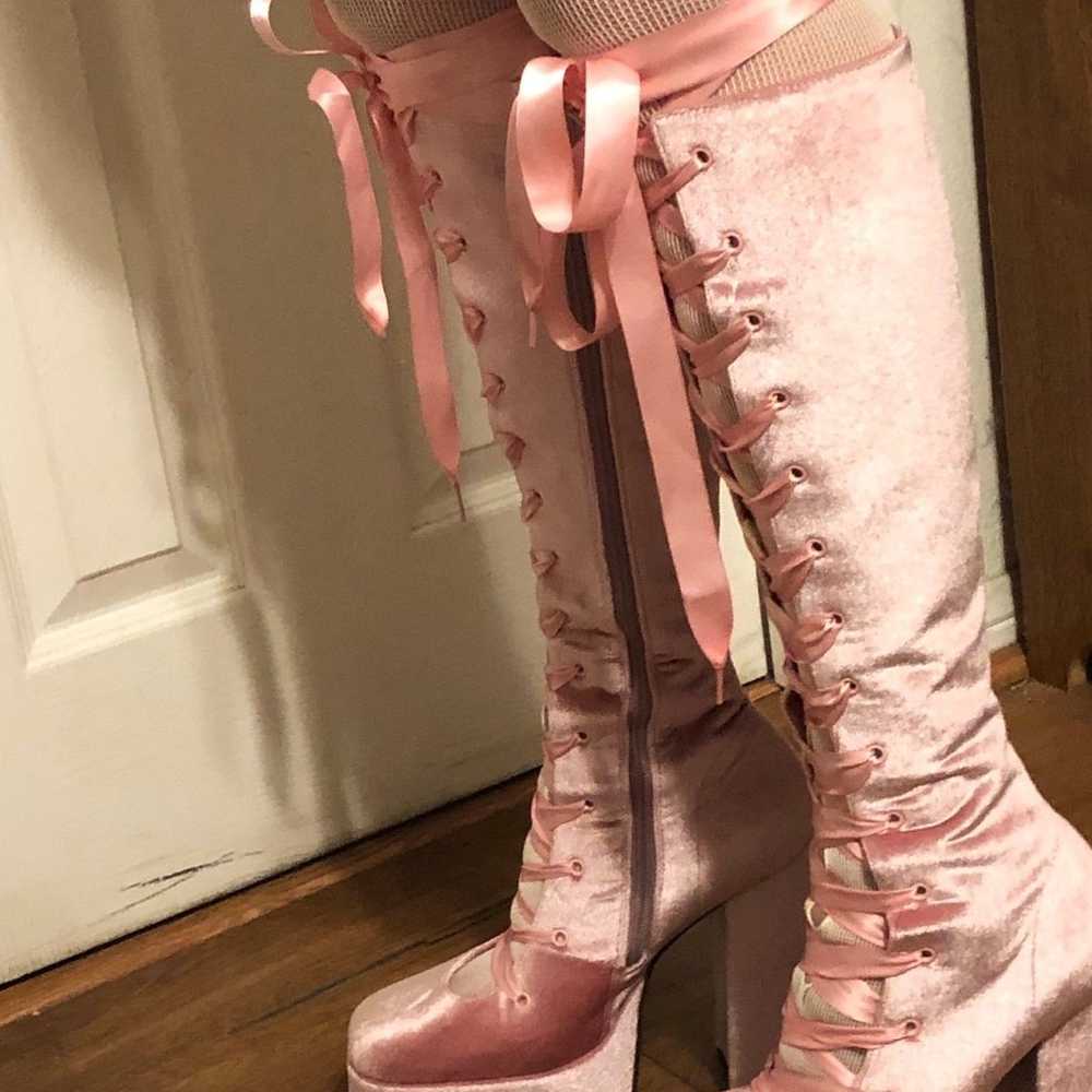 Sexy Pink Velvet Lace Up Boots Size 11 - image 8