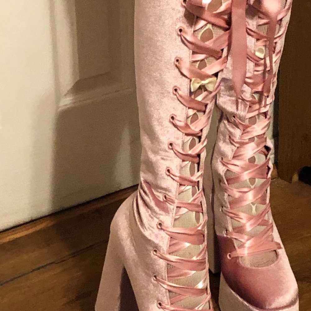 Sexy Pink Velvet Lace Up Boots Size 11 - image 9