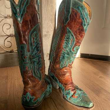 Corral brown and turquoise leather tall cowgirl bo