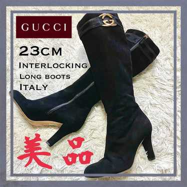 【Like New】Gucci Ladies Long Boots Suede Interlocki