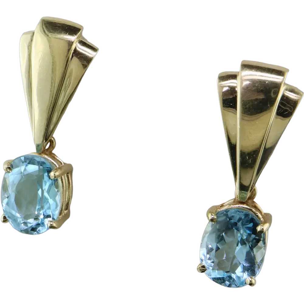 14K Yellow Gold Blue Topaz Dangle Earrings - image 1