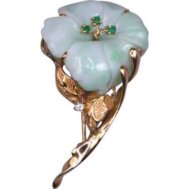 14k Gold Carved Jadeite Jade Flower Brooch