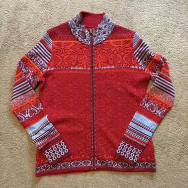 Icelandic Design Embroidered top Aztec Cardigan Red Full Zip Knit Sweater Womens Med