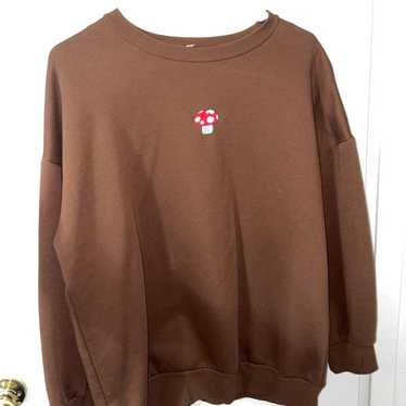 Vintage Oversized Embroidered Mushroom Brown Crew… - image 1