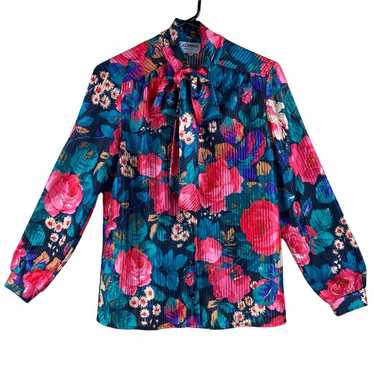 Vintage Womens Floral Tie Neck Blouse Size 10