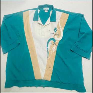 Palm Club Teal & White Vintage Button Up Tee, XL