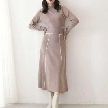 Beige knit dress, high neck, long sleeves. - image 1