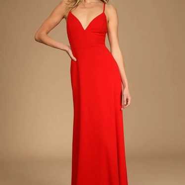 Lulu’s Red Lace Up Back Be My Date Deep V Maxi Dre