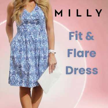 MILLY Italia Pleated Blue Combo Tile Sleeveless V 