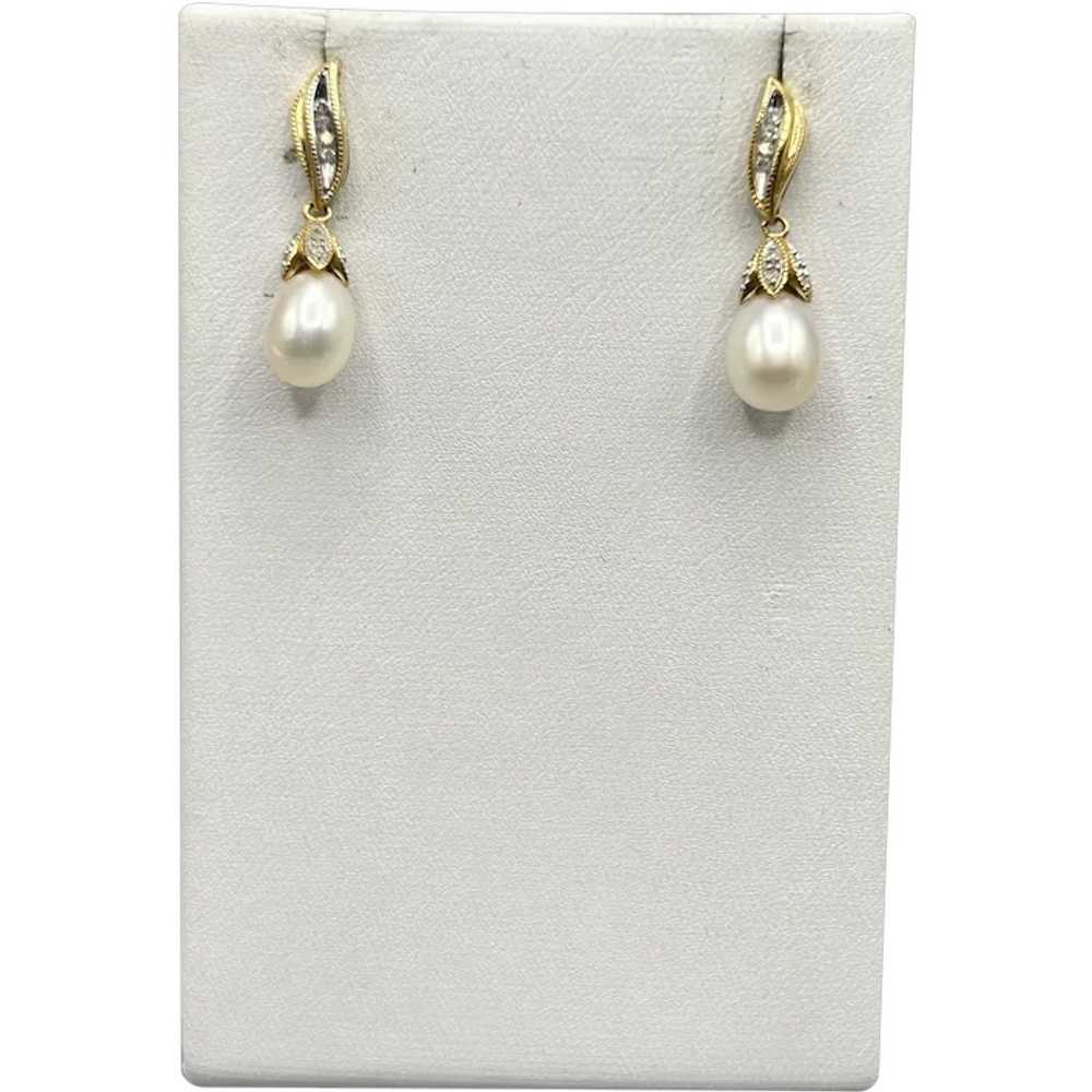 Vintage 14K Gold Diamond & White Pearl Dangle Ear… - image 1