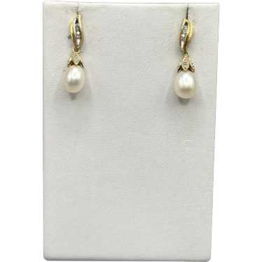 Vintage 14K Gold Diamond & White Pearl Dangle Ear… - image 1