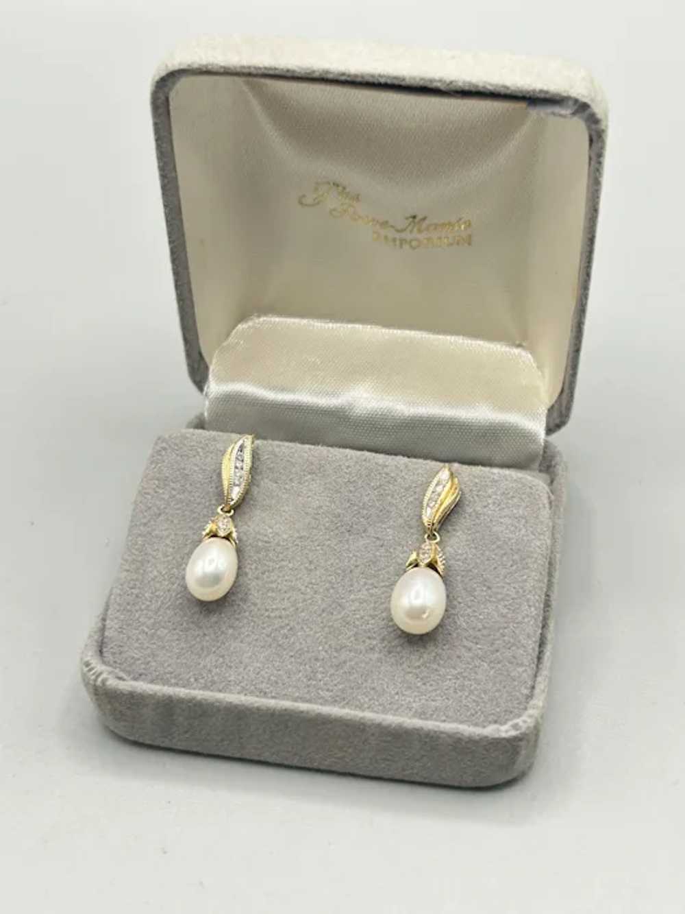 Vintage 14K Gold Diamond & White Pearl Dangle Ear… - image 3