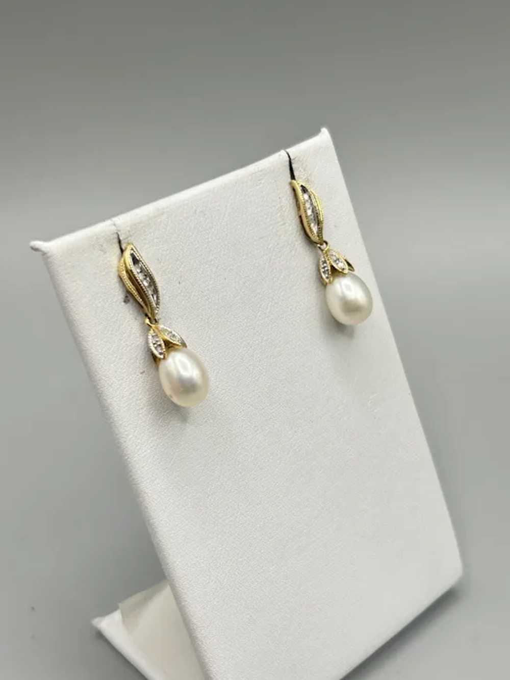 Vintage 14K Gold Diamond & White Pearl Dangle Ear… - image 5