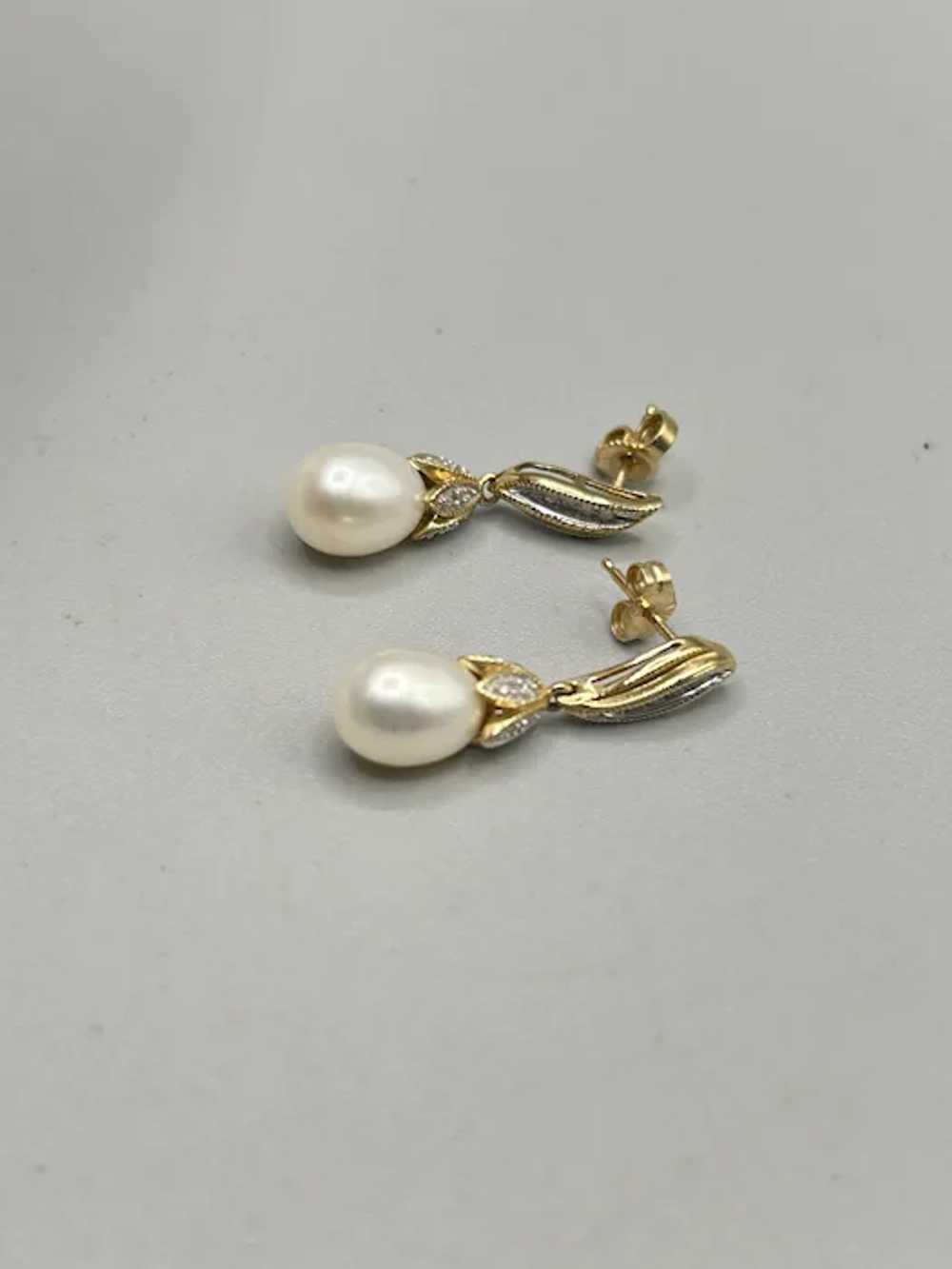 Vintage 14K Gold Diamond & White Pearl Dangle Ear… - image 6