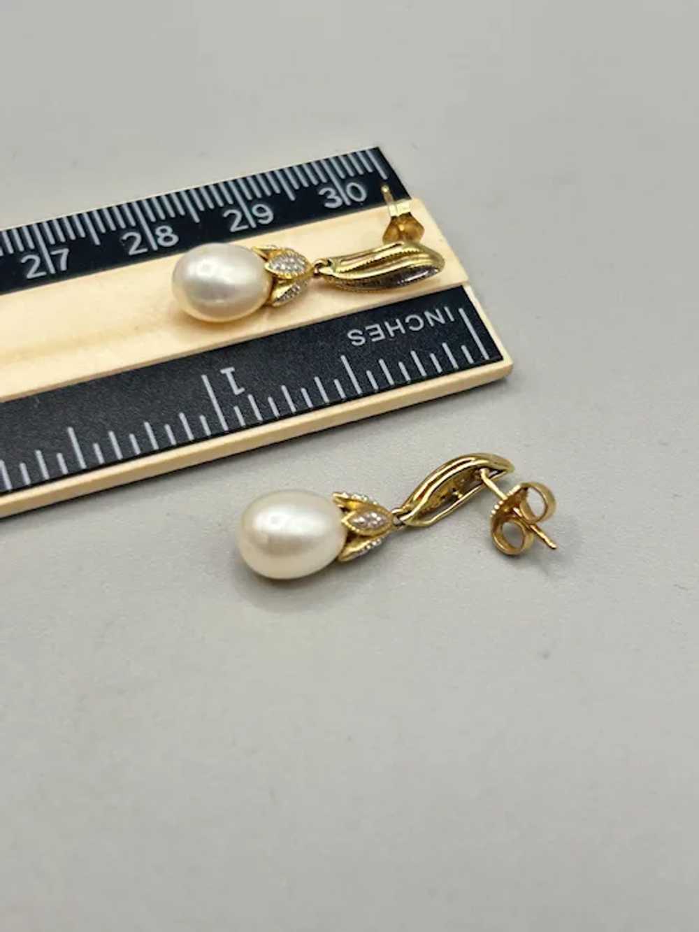 Vintage 14K Gold Diamond & White Pearl Dangle Ear… - image 7