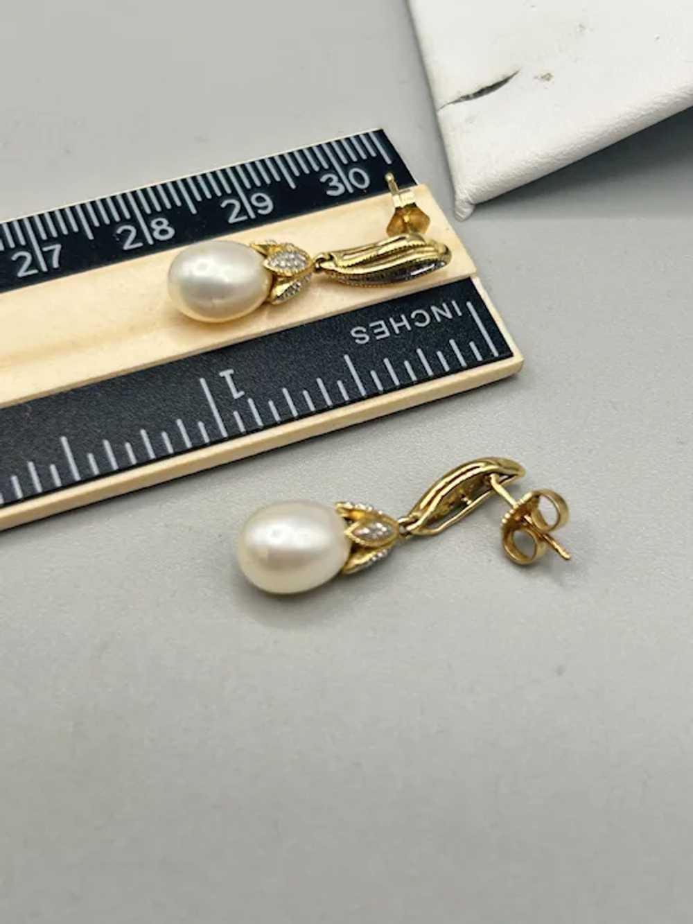 Vintage 14K Gold Diamond & White Pearl Dangle Ear… - image 8