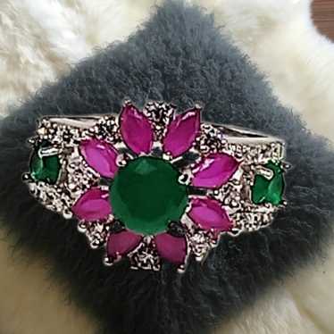 Sterling Silver Ring with Emeralds & Rubies Ring