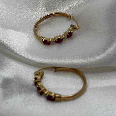 10k Yellow Gold Vintage Ruby Diamond Hoop Earrings - image 1