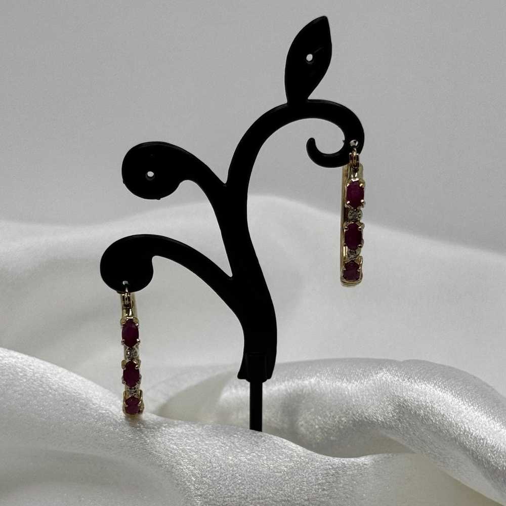 10k Yellow Gold Vintage Ruby Diamond Hoop Earrings - image 2