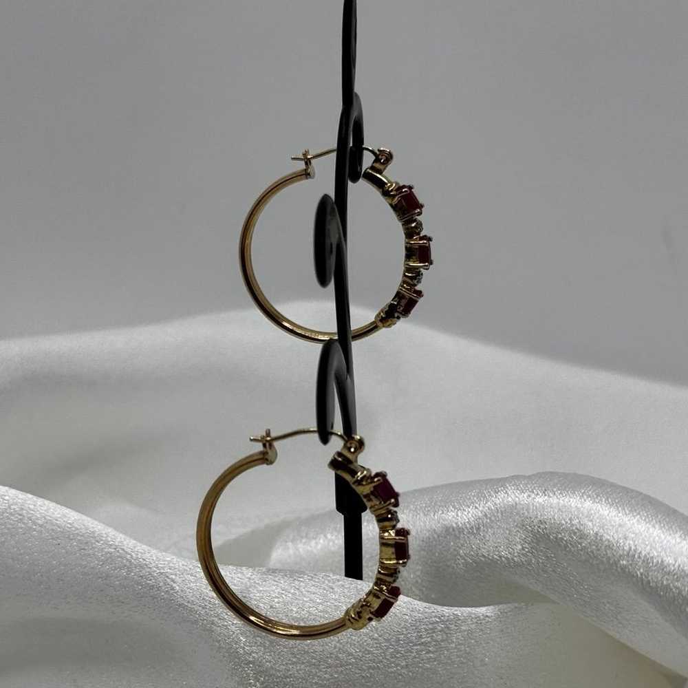 10k Yellow Gold Vintage Ruby Diamond Hoop Earrings - image 3