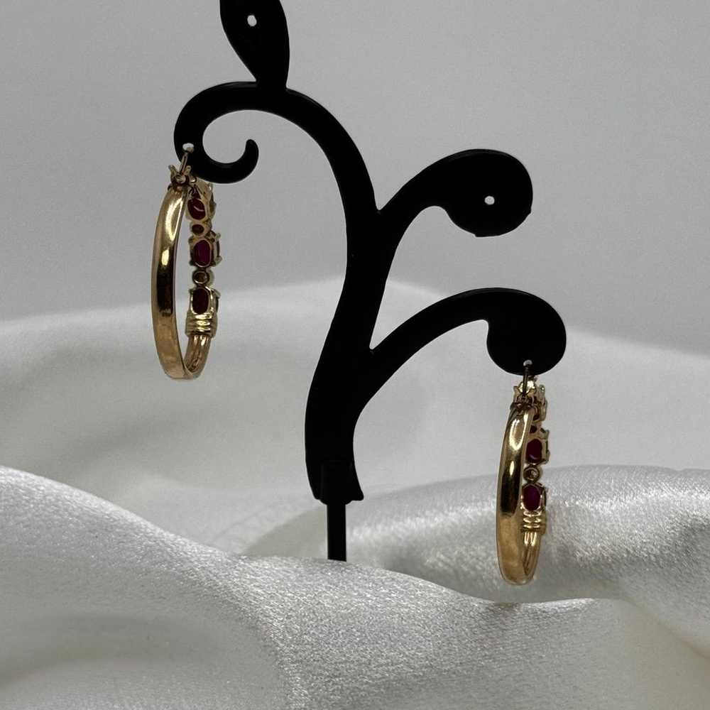 10k Yellow Gold Vintage Ruby Diamond Hoop Earrings - image 4