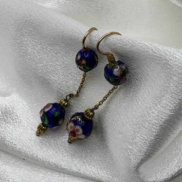 14k Solid Yellow Gold Vintage Cloisonne Earrings