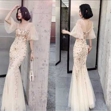 Beige Beaded Embroidered Long Dress