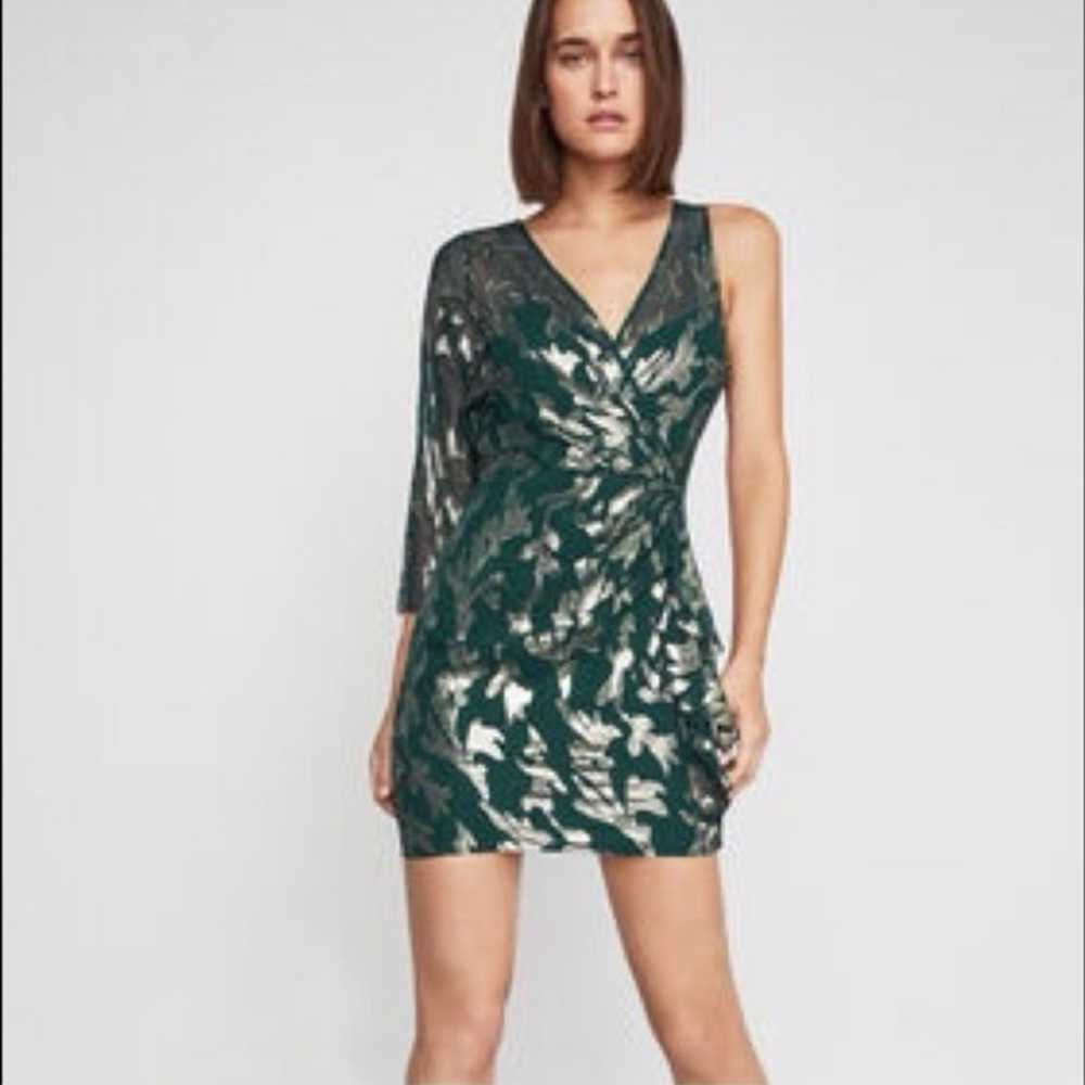 BCBGMAXAZRIA Asymmetric Faux Wrap Dress in Fern C… - image 1