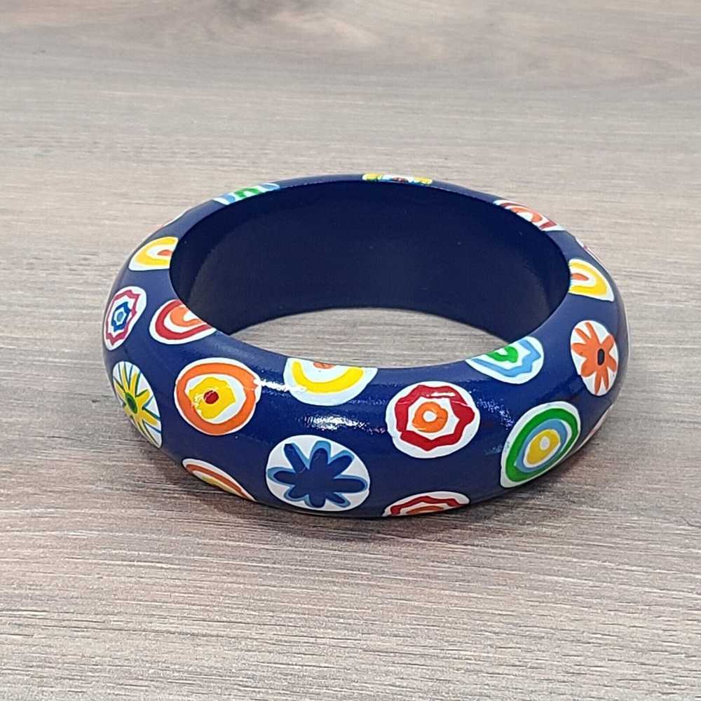 Colorful Painted Wood Bracelet Circles Blue Yello… - image 2