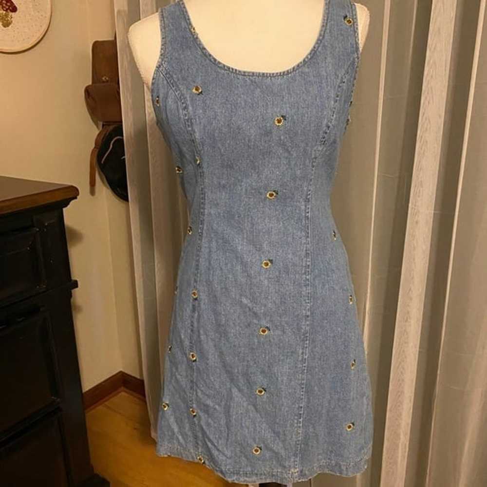 Vintage 90’s denim embroidered sunflower mini dre… - image 1