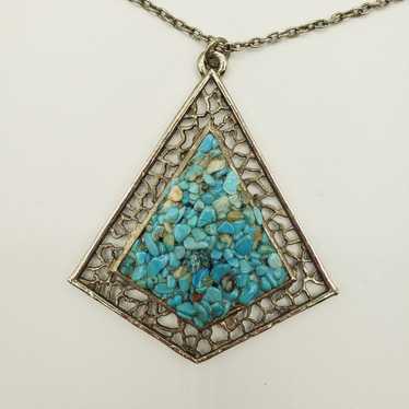 Vintage Blue Green Faux Turquoise Pendant Silver … - image 1